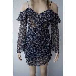 Navy Blue Long Sleeve Floral Ruffled Dress #1209